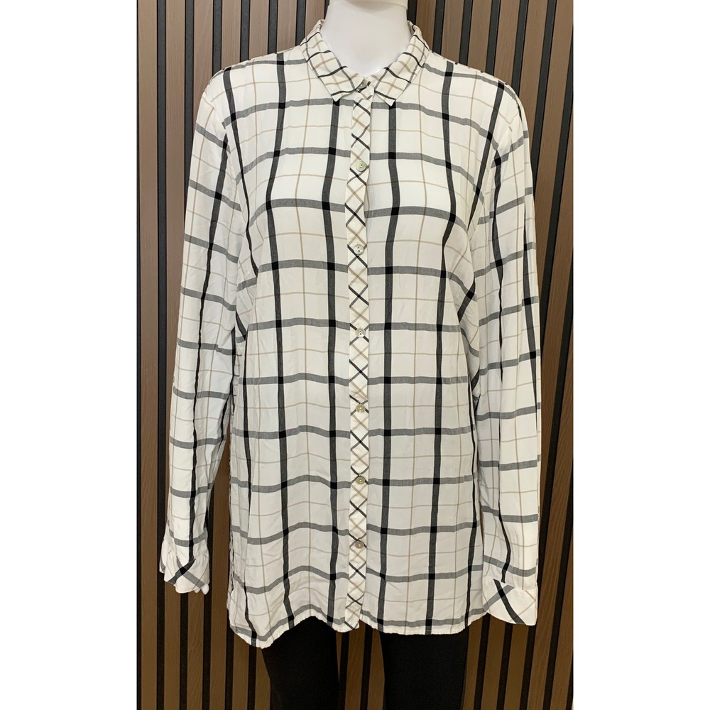 J. Jill Women's L Tall Plaid Button Down Tunic Top Rayon Black Tan White